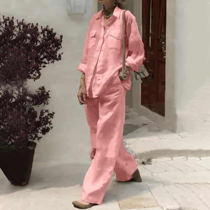 Ensemble chemise et pantalon pour femmes, élégant, col à revers, manches longues, mode automne, tenues, pantalons de travail solides, costumes, survêtement, 2 pièces