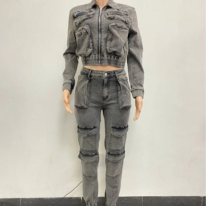 Ensemble pantalon à manches longues pour femmes, survêtement avec fermeture éclair, manteau en Denim, Cargo, longueur cheville, poches, haute rue épissé, Slim, 2024