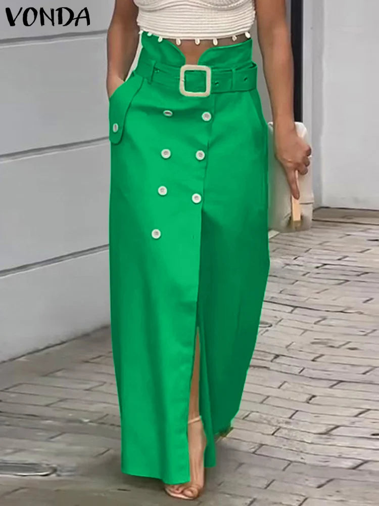 VONDA femmes jupes 2025 décontracté ceinture bouton conception fente longues jupes élégant couleur unie bureau dame bas surdimensionné