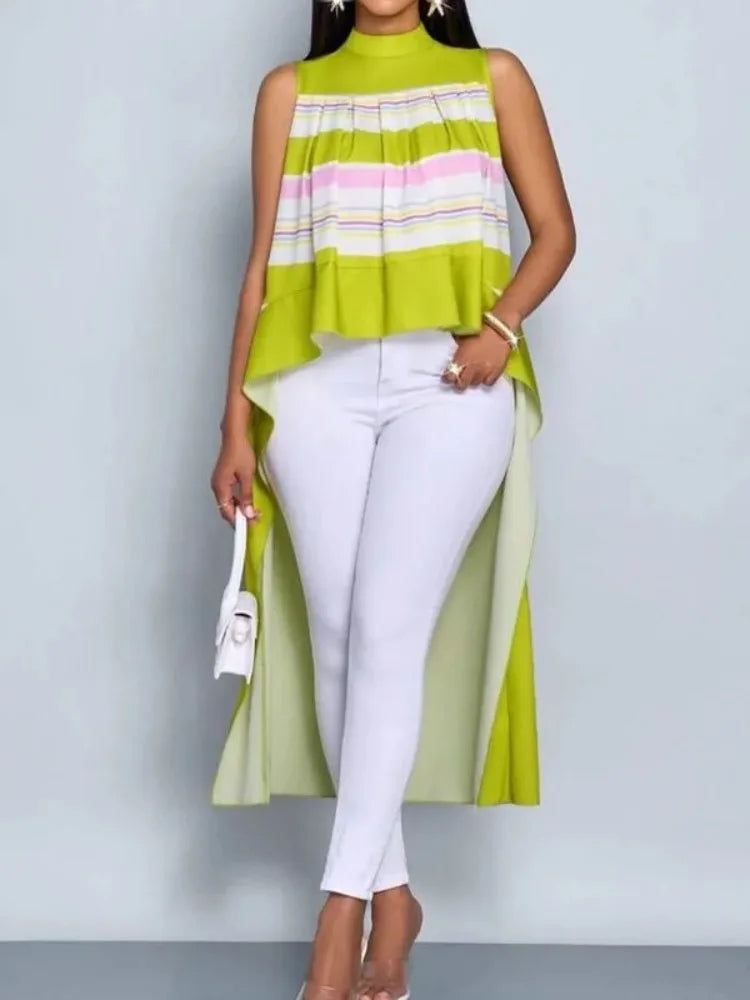 Bonboho 2025 T-shirt élégant pour femmes couleur contrastée col montant gilet sans manches hauts haut-bas coupe ample plissé chemises Extra-longues