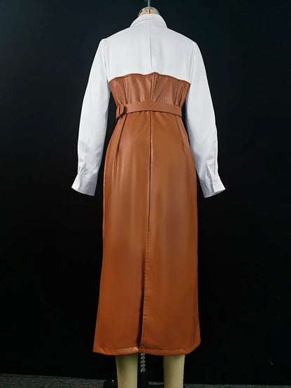Robe mi-longue à manches longues pour femmes avec boutons, jupe chemise en PU, poche patchwork, ceinture maigre, revers, femme, automne, nouveau, 2025