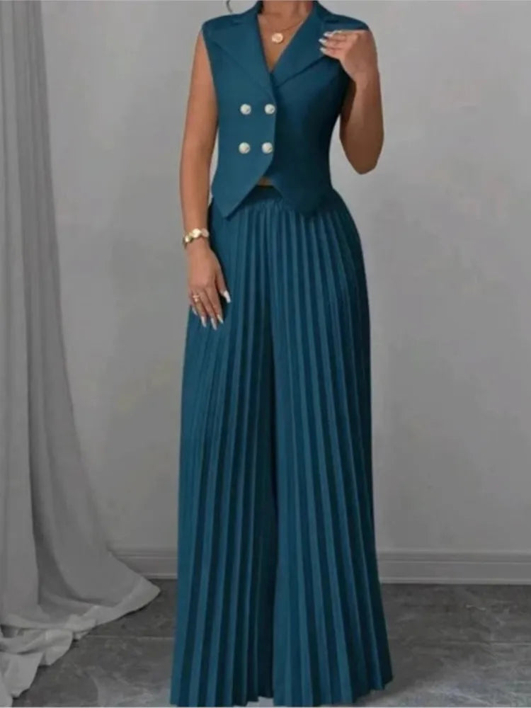 Costume de bureau pour femmes, couleur unie, décontracté, Slim, boutons, ensemble deux pièces, col rabattu, sans manches, Blazer et pantalon plissé, tenues