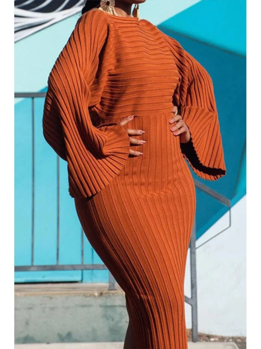 Robe longue côtelée tricotée à manches chauve-souris pour femmes, moulante, couleur unie, élégante, col rond, décontractée, mode automne, robes Vintage solides, 2024