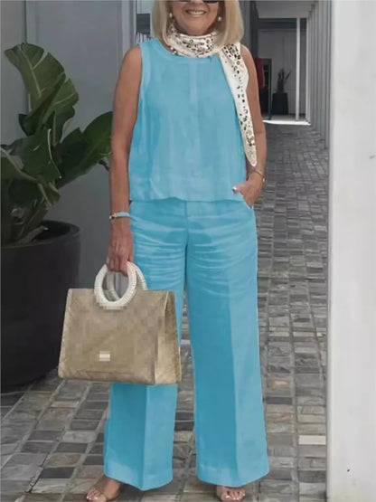 Costumes simples en coton et lin pour femmes, mode d'été, chemisier ample sans manches, pantalon à jambes larges, ensemble deux pièces pour femmes, tenues décontractées