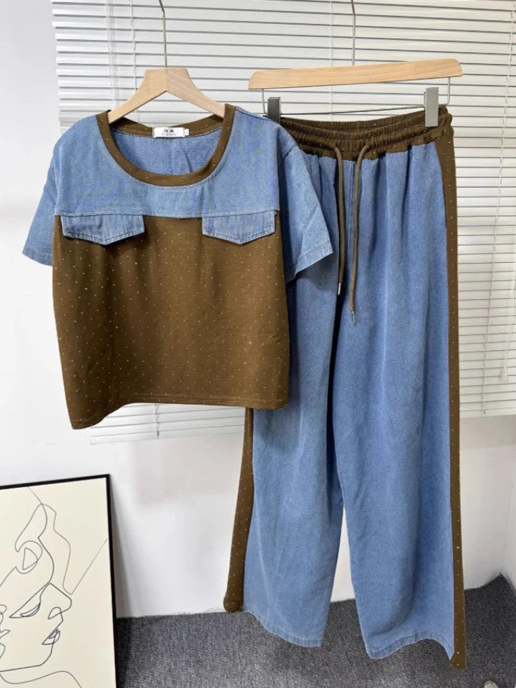 Ensemble deux pièces en Denim pour femmes, ensemble pantalon assorti, Streetwear Y2k, décontracté, perçage à chaud, hauts, jambes larges, pantalons longs, taille haute, 2025