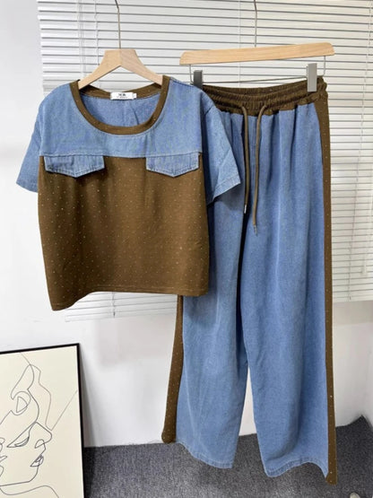 Ensemble deux pièces en Denim pour femmes, ensemble pantalon assorti, Streetwear Y2k, décontracté, perçage à chaud, hauts, jambes larges, pantalons longs, taille haute, 2025