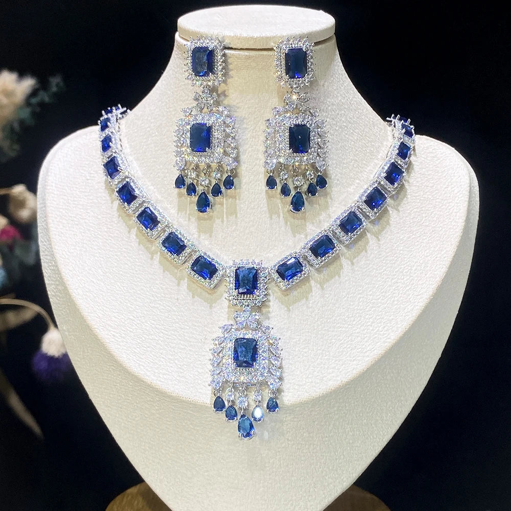 ASNORA nouveau luxe vert bleu rouge CZ pierre boucles d'oreilles collier 2 pièces grande longue goutte mariage robe de mariée ensemble de bijoux pour les femmes