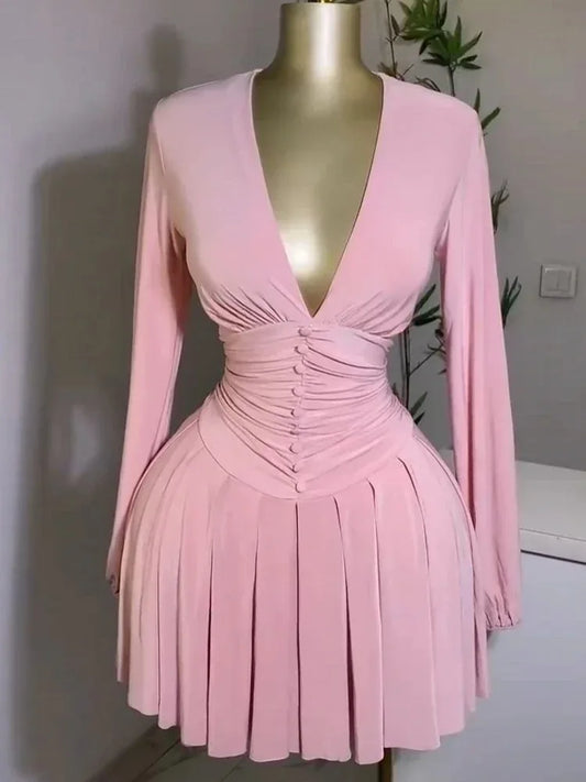 Mini robe de soirée pour femmes, nouvelle collection printemps/été 2021, décontractée, Sexy, plongeante, froncée, manches lanternes, boutons, jupe courte trapèze quotidienne
