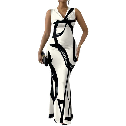 Robes d'invitées de mariage d'été pour femmes sirène élégante motif de rayures artistiques robe Maxi col en V sans manches robe de bal de soirée