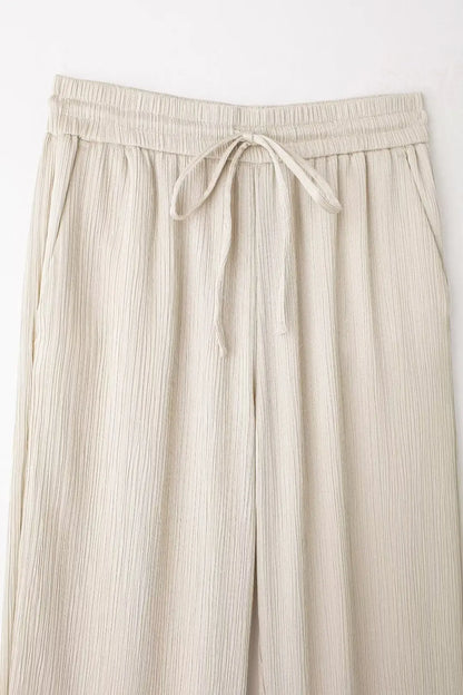 TRAFZA 2025 femmes pantalons décontractés ensemble taille haute pantalon à jambes larges + solide Beige ample glace soie Double boutonnage chemise hauts 2025 à la mode