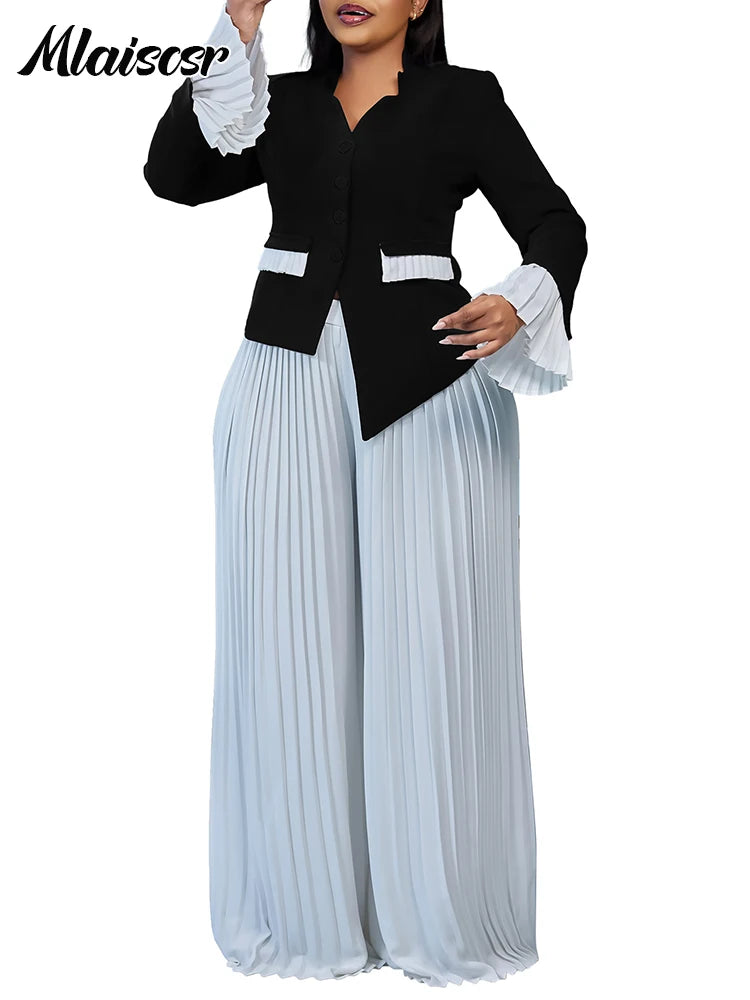 Mlaiscsr élégant 2 pièces femmes africaines à manches longues col en v haut et longues jambes larges pantalon ensembles assortis 2025 printemps OL tenues