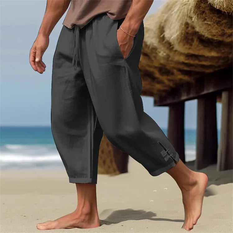 Pantalon en lin pour hommes, pantalon d'été, pantalon de plage, ceinture élastique, confortable et respirant, pantalon Captcha pour mollet, printemps