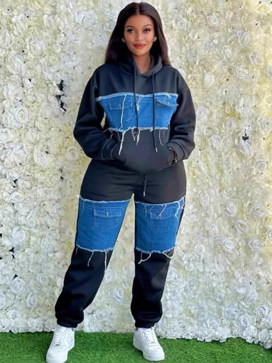 Ensemble 2 pièces pour femmes, vêtements africains Dashiki, nouvelle mode printemps-automne, haut en Denim à manches longues et pantalon, costume de fête, ensembles assortis