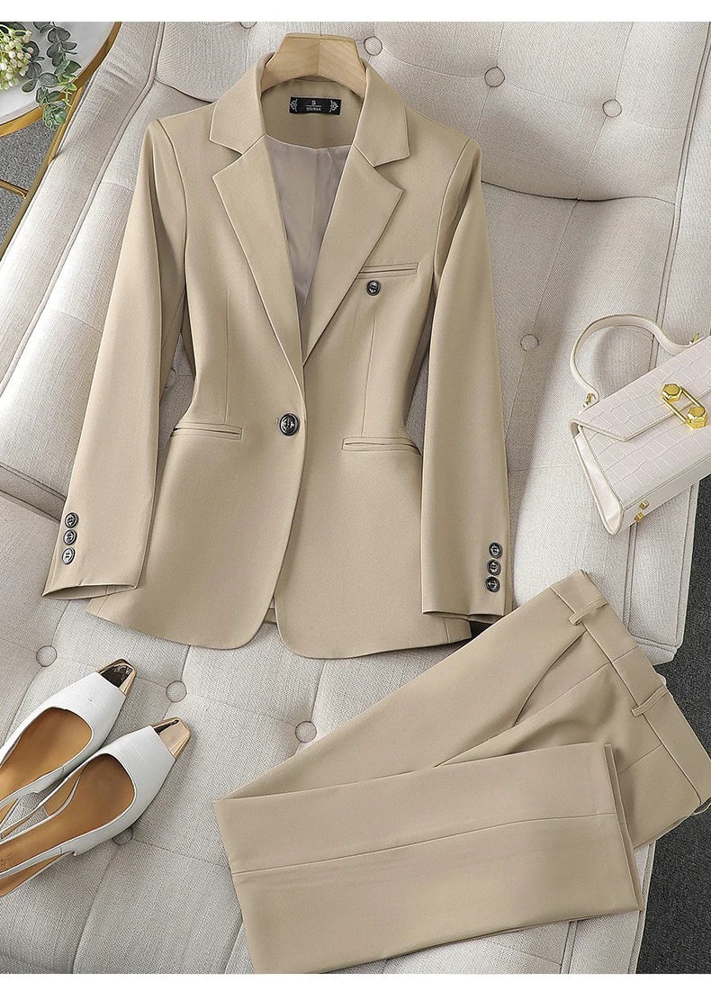 Costume Blazer Bleu Décontracté pour Femme, Tenue de Bureau, Manches sulf, Veste à Bouton Unique, Ensemble 2 Pièces, Chic, Mode, Pantalon, Élégant