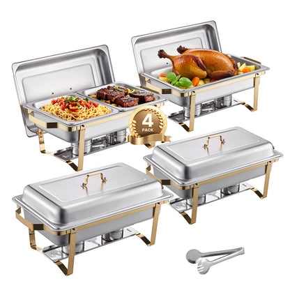 SucceBuy Lot de 4 buffet à réchaud de 8 Qt, chafer en acier inoxydable avec 2 poêles pleine taille et 4 demi-taille, serveur chauffant pour restauration
