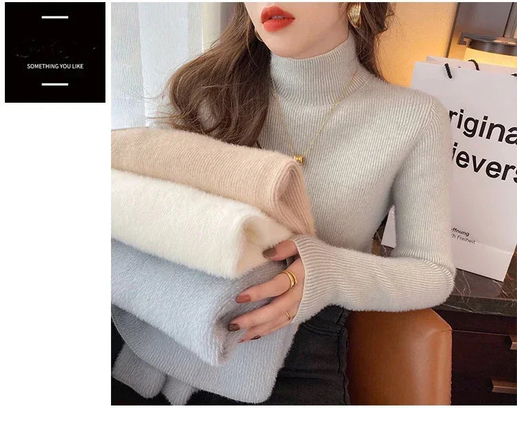 Pull à col roulé à manches longues pour femmes, optique, mince, doux, chaud, côtelé, hiver, automne, 2024