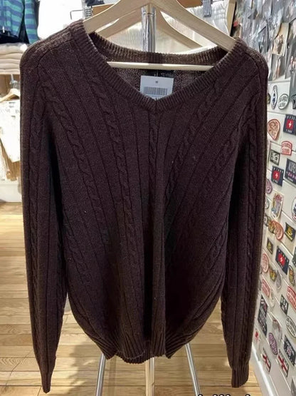 Pull Vintage à fleurs torsadées pour femme, col en V, manches longues, Style Preppy, décontracté, Streetwear, haut Chic, automne