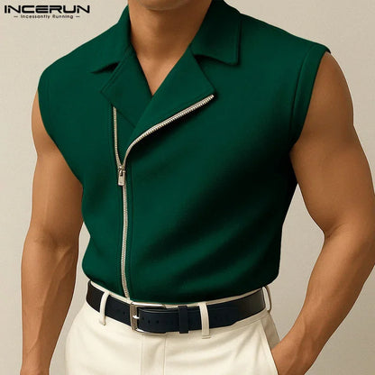 INCERUN hauts sans manche t-shirt été hommes débardeurs couleur unie fermeture éclair revers gilets hommes hauts surdimensionné vêtements pour hommes Streetwear