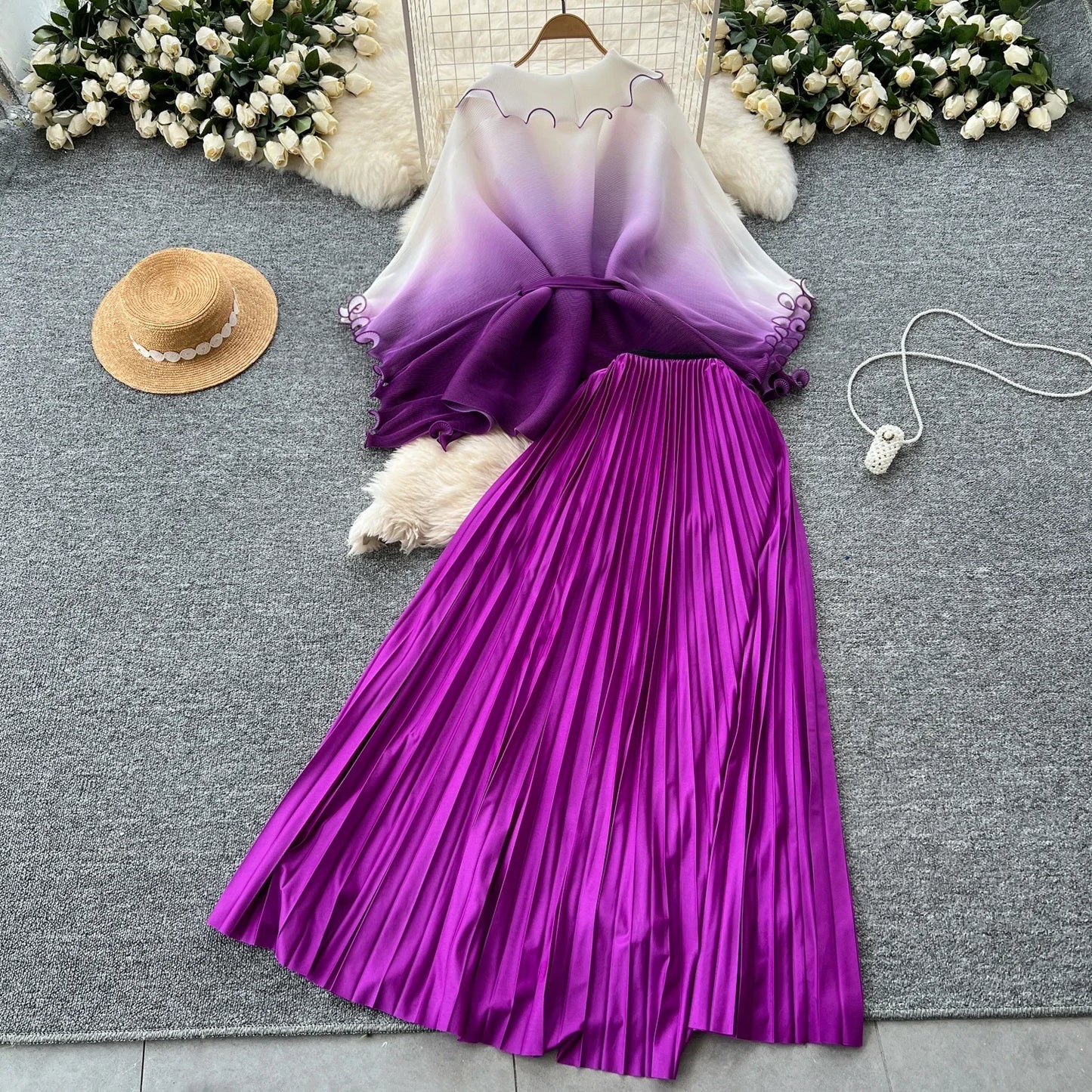 Miyake pli changement progressif couleur bord ondulé costume soleil jupe plissée à la mode et élégant deux pièces ensembles tenues pour femmes