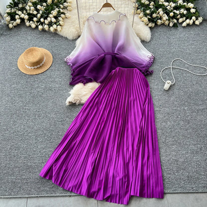 Miyake pli changement progressif couleur bord ondulé costume soleil jupe plissée à la mode et élégant deux pièces ensembles tenues pour femmes