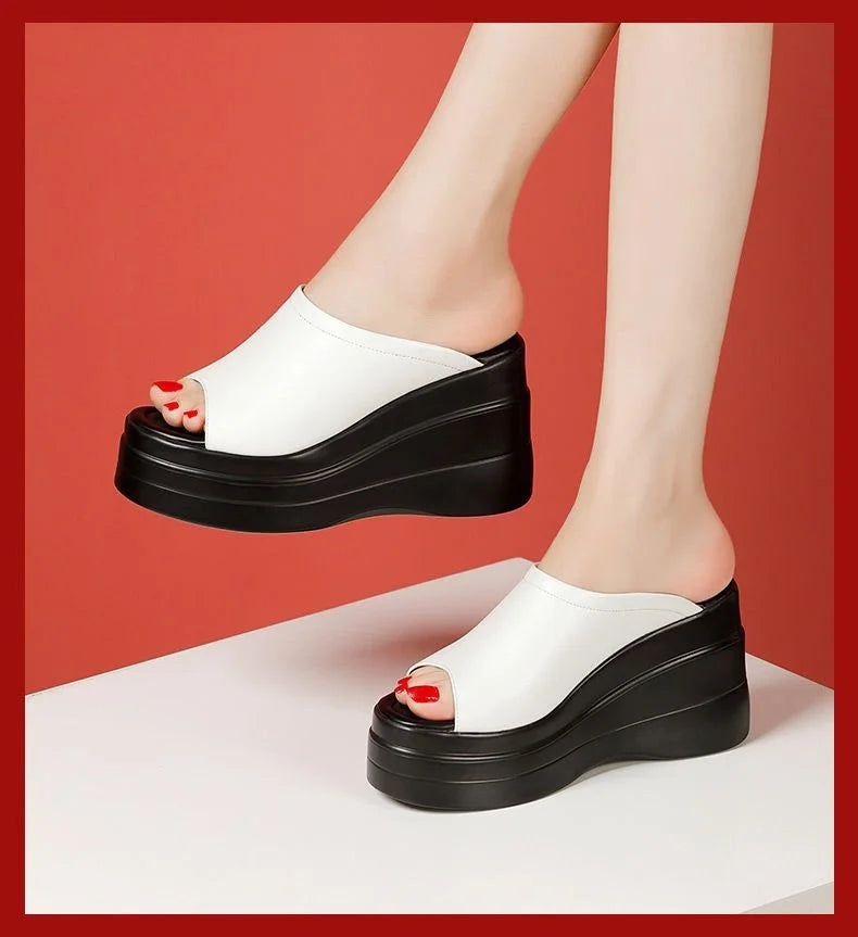 Chaussures confortables à plateforme épaisse de 9.5cm, petite taille 32-43, pantoufles en cuir véritable, talons hauts 2025, diapositives à semelles compensées, modèle de bureau