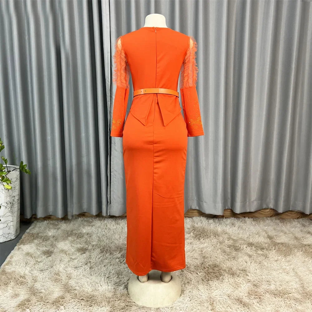 Robe longue africaine à col en v, ornée de strass, manches en maille à bulles, ajustée à la taille, fente latérale, offre spéciale