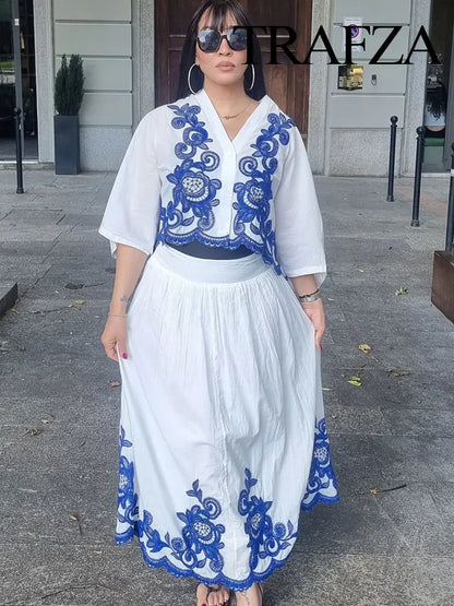 TRAFZA – ensemble 2 pièces pour femmes, chemise ample à simple boutonnage brodée bleue + jupe de rue plissée ample taille haute Chic