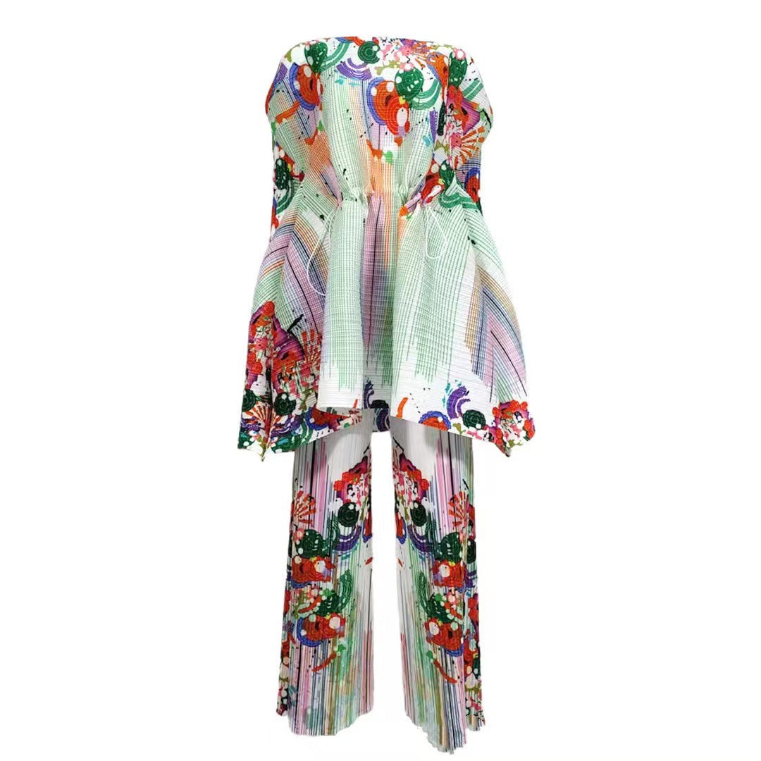 ANLAN-Ensemble Deux Pièces Plissé pour Femme, Imprimé, Manches sulf, Lacets, Taille Ronde, Pantalon Décontracté, Nouvelle Collection Automne 2024, 7YK3519