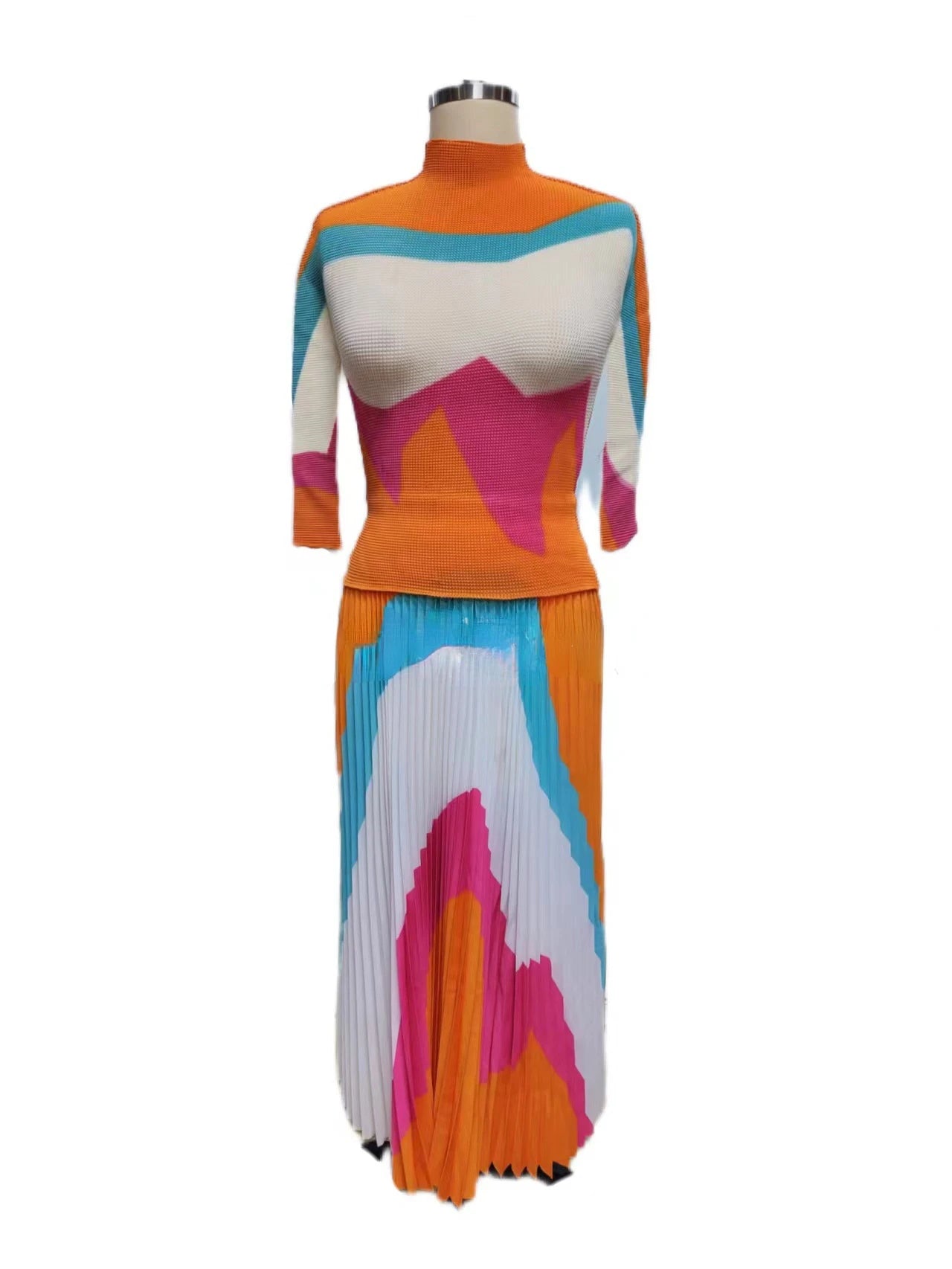 Ensemble haut et jupe plissée à manches longues et col mi-haut assortis, document d'impression ATA Yake, coupe couvertes, été, nouveau, 2024, 2 pièces