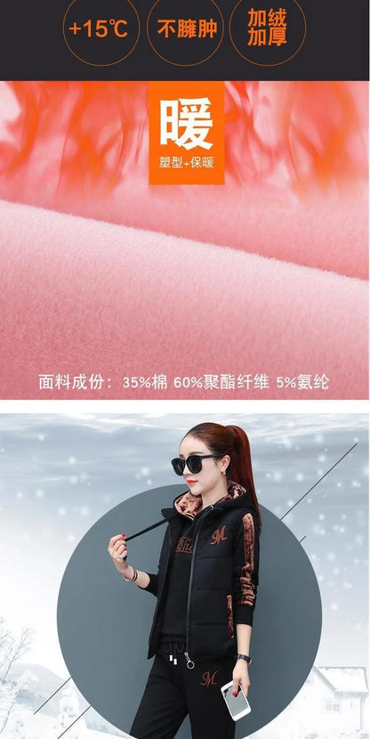 Mode femme peluche épaissi Sweat costume 2025 automne hiver nouveau décontracté hauts à capuche gilet pantalon 3 trois pièces ensemble pour les femmes