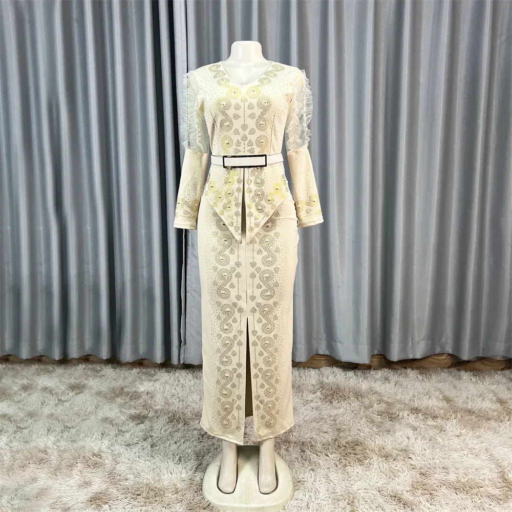 Robe longue africaine à col en v, ornée de strass, manches en maille à bulles, ajustée à la taille, fente latérale, offre spéciale