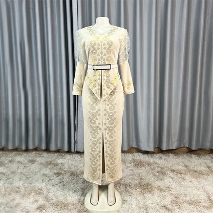 Robe longue africaine à col en v, ornée de strass, manches en maille à bulles, ajustée à la taille, fente latérale, offre spéciale