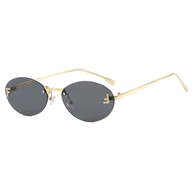 Lunettes de soleil noires sans bords avec petite lettre ovale en diamant «F» pour femmes, marque de luxe, monture métallique, lunettes de soleil Unsiex, nuances élégantes UV400