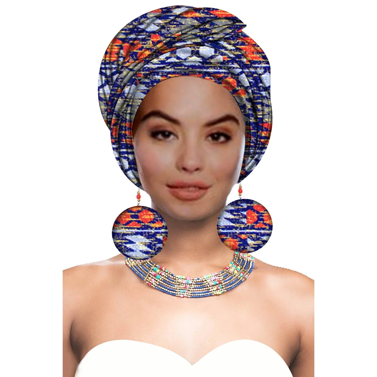 Turbans - bandeaux africains pour femme foulard africain couvre-chef nigérian avec boucle d'oreille assortie Dashiki Ankara cire S20H004