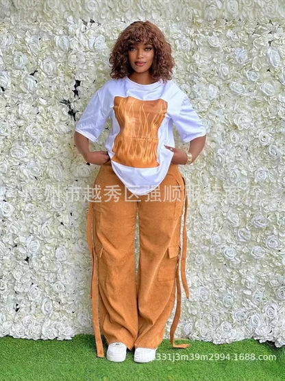 Personnalisé 2025 nouvelles femmes rayure imprimé 2 pièces ensembles survêtement femmes décontracté grande taille bureau montre de sport et pantalon à jambes larges ensemble