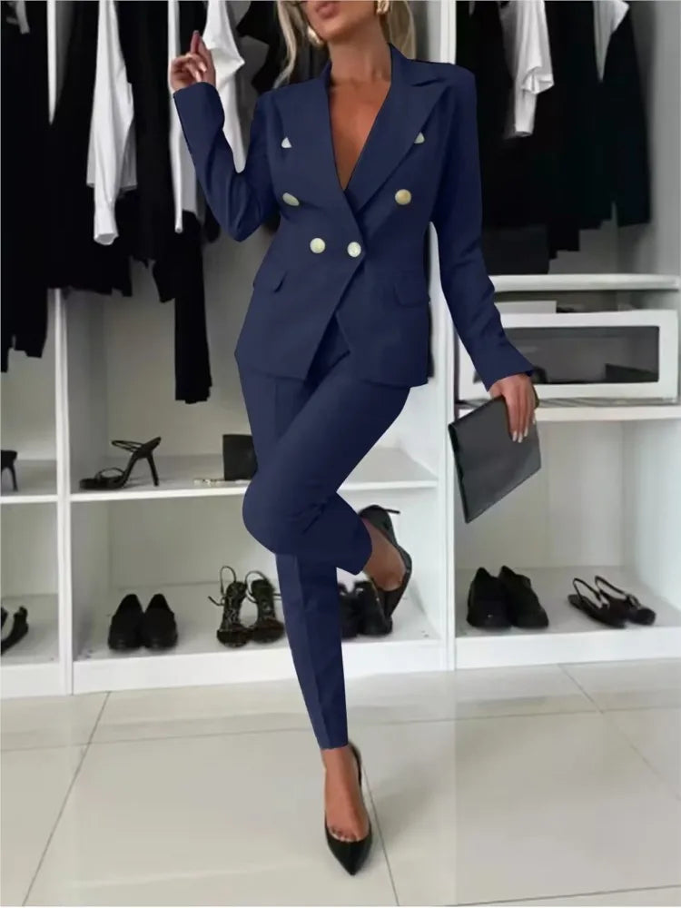Mode Double boutonnage à manches longues costume ensemble femmes nouveau automne hiver coupe ajustée petite jambe pantalons longs femme bureau 2 pièces ensemble