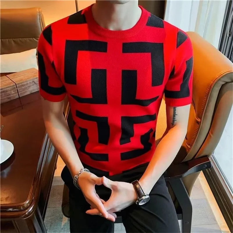 Polo BS été nouveaux hommes mince Vintage à manches courtes tricot t-shirt rayé imprimé col rond graphique t-shirts pour hommes Camiseta Masculina