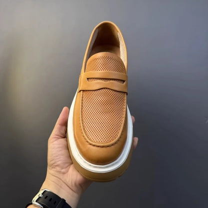 Mocassins en cuir de vachette à plateforme vintage pour hommes, chaussures en cuir véritable, respirant, évider, décontracté, conduite, affaires, été