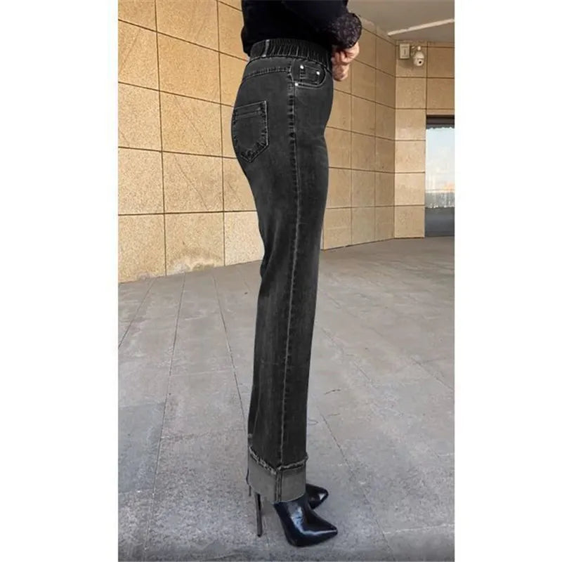 Jean femme d'âge moyen printemps automne taille extensible pantalon en Denim droit grande taille ample taille haute décontractée noir bleu pantalon