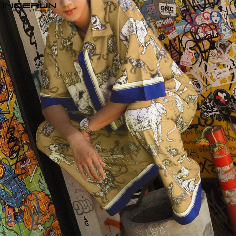 INCERUN hommes ensembles impression Patchwork revers manches courtes chemise et pantalon deux pièces ensembles été ample vacances décontracté hommes costumes