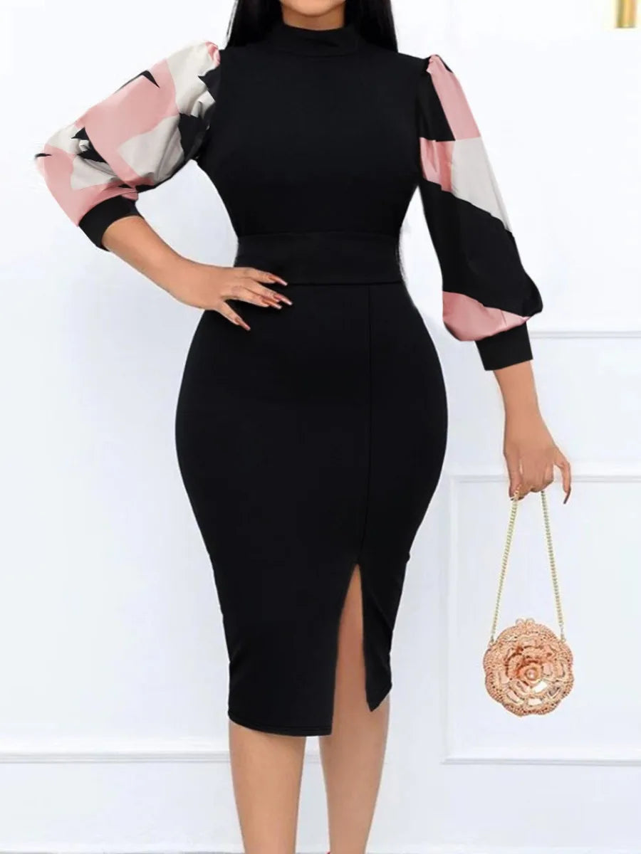 LW-Robe moulante à manches longues pour femmes, imprimé mixte, fente sur le devant, col montant, fête, soirée, mode