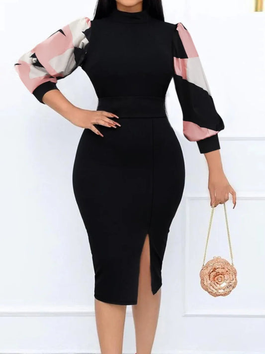 LW-Robe moulante à manches longues pour femmes, imprimé mixte, fente sur le devant, col montant, fête, soirée, mode