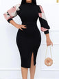 LW-Robe moulante à manches longues pour femmes, imprimé mixte, fente sur le devant, col montant, fête, soirée, mode