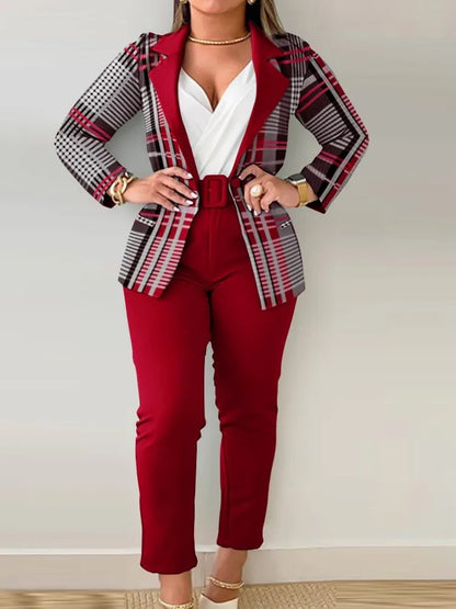 Ensemble de travail deux pièces avec ceinture pour femme, blazer à col à revers, manteau cardigan, pantalon, lettre imprimée, mode, bureau imbibé, automne, hiver