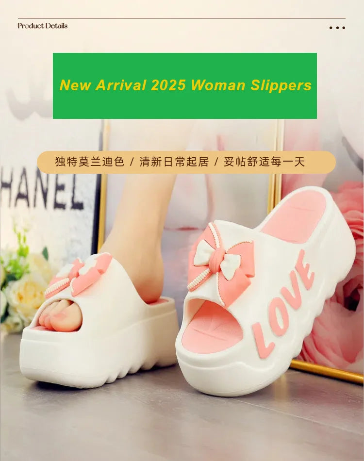 Feerldi nouveau 2025 blanc rose nœud papillon pantoufles femme haute plate-forme EVA diapositives sandales de créateur sabots de plage femmes ascenseur chaussure