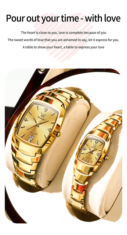 OLEVS-Montre de couple en acier au tungstène Tonneau pour hommes et femmes, marque de luxe, montre à quartz pour amoureux, montre-bracelet étanche, 7006