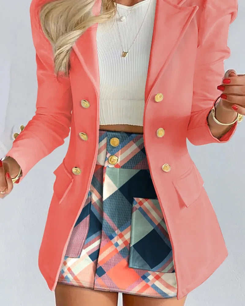 Mode polyvalent correspondant costume et jupe femmes décontracté imprimé fleuri manches bouffantes Blazer manteau et jupe ensemble dames deux pièces costume