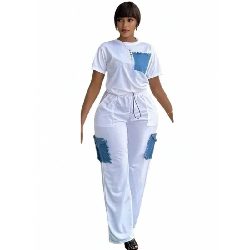 Ensemble Dashiki en Denim pour Femme, Vêtements Africains, Nouvelle Mode, Manches Courtes, Haut et Pantalon Imbibés, Ensembles Assortis pour ix, Été, 2 Pièces