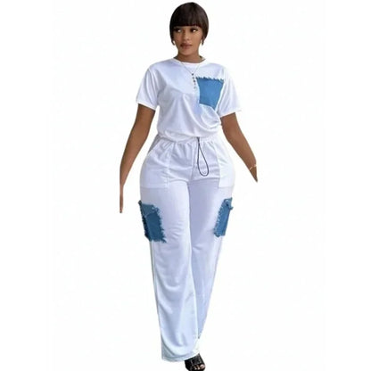 Ensemble Dashiki en Denim pour Femme, Vêtements Africains, Nouvelle Mode, Manches Courtes, Haut et Pantalon Imbibés, Ensembles Assortis pour ix, Été, 2 Pièces