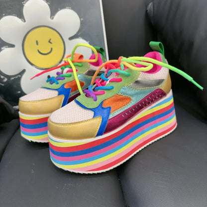 Style de loisirs dames couleur arc-en-ciel maille bout rond plate-forme croisée talons hauts chaussures respirant couleurs mélangées pompes de mode